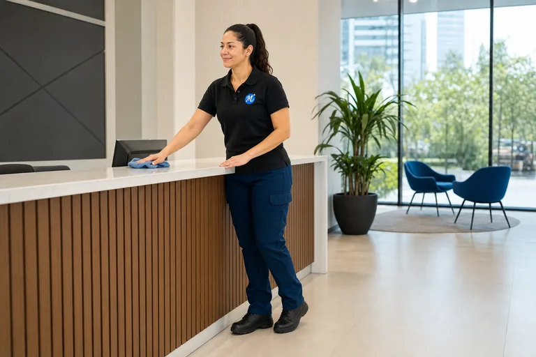 Avatar de marca Claudia en una escena de limpieza corporativa en recepción